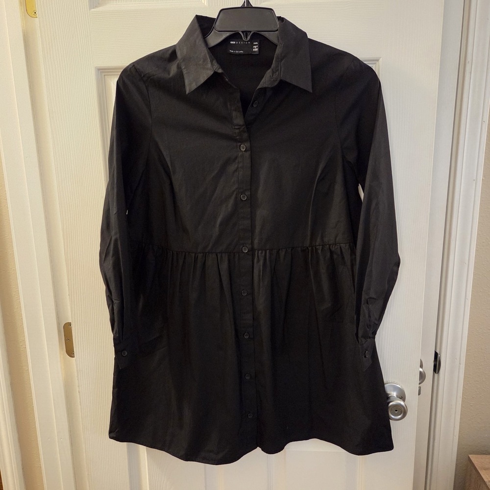 Asos Design sz 8 Petite black shirt shift dress NWT long slv 100% cotton casual